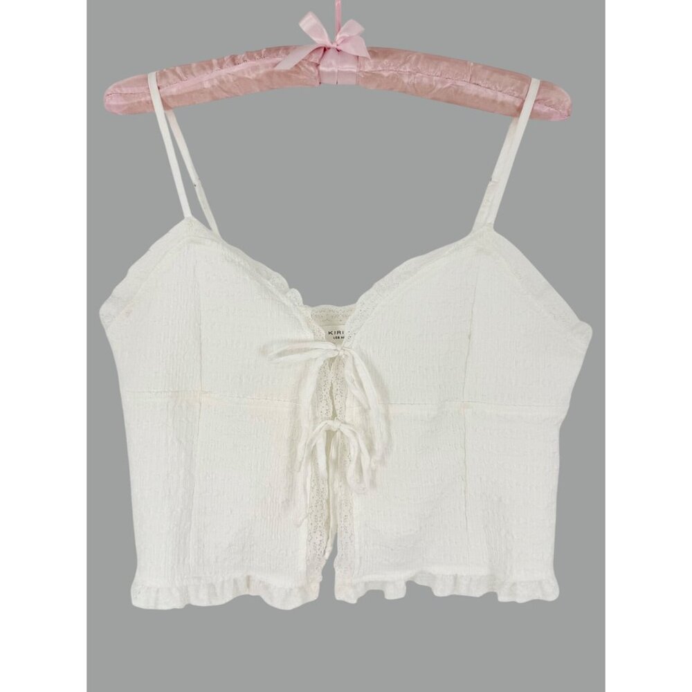 Kirious Los Angeles White Lace Trim Tie Front Boho Coquette Top Grunge Fairycore - Picture 11 of 12